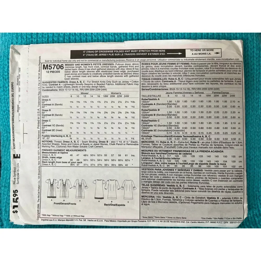 McCalls 5706 Sewing pattern A line dress y2k Size 18w 20w 22w 24w